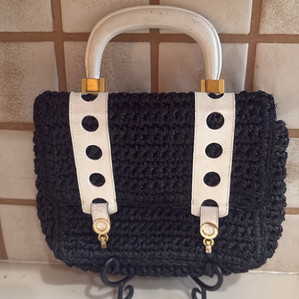 Vintage Tano Of Spain Chic Black And White Crochet Woven Bag